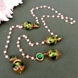 39" Cultured White Pearl Green Murano Glass Rosary Chain Long Necklace - Picture 1 of 6