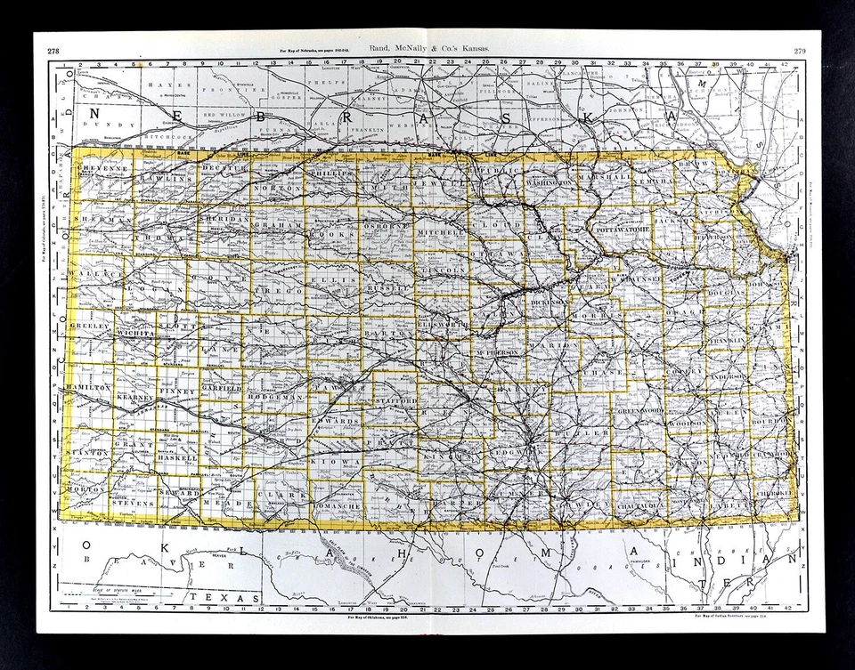 1892 Rand McNally Railroad Map Kansas Topeka Lawrence Wichita Dodge City 21x27" - Imagem 1 de 4