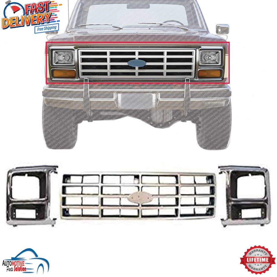 NEW FRONT GRILLE AND HEADLIGHT BEZEL LEFT RIGHT SET 3PC FOR 1982-1986 FORD F-150 - Image 1 of 4