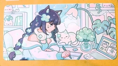 XL Gaming Mouse Pad Desk Mat 60x30cm – Pastel Green Lofi Girl With Cats – New A6 - Image 1 of 4