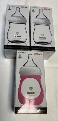 NUEVO Juego de 3 biberones de vidrio Joovy Boob Diamond 8 oz, 2 transparentes, 1 rosa Foto 1 de 4
