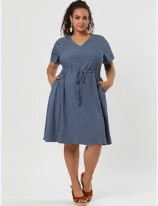 Agnes Orinda Women's Plus Size Dress V Neck A Line Chambray size 3XL - Picture 1 of 5