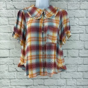 Anthropologie Pilcro Plaid Button Front Peter Pan Collar Shirt Small Boho Cozy - Picture 1 of 12