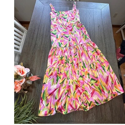 Adrianna Papell Pink Yellow Green Tropical Print Maxi Dress US 4 Custom Sized - Image 1 of 4
