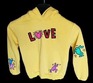 VGUC H&M X Keith Haring Hooded Fleece Pullover Sweatshirt in Yellow 8 / 10 - Picture 1 of 9