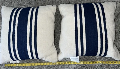 Pottery Barn Modern Farmhouse Striped Throw Decorative Pillow Navy Blue Cream - Image 1 of 4