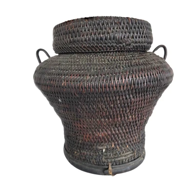 Urna vintage boho de ratán con tapa Ulbung almacenamiento de arroz tejida a mano antigua 11" x 11" Foto 1 de 4