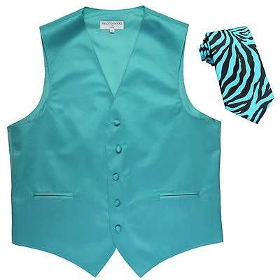 New Men's Formal Vest Tuxedo Waistcoat aqua blue_ zebra tie wedding prom party - Image 1 of 4