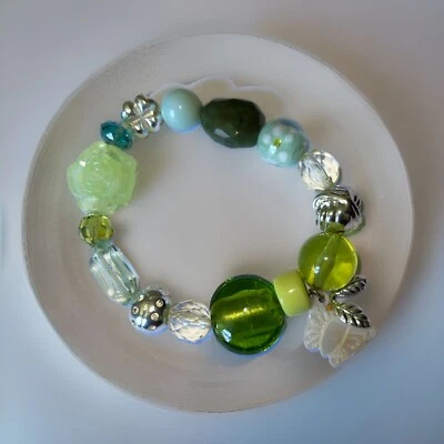 Stretch Bracelet W/Glass, Lucite & Metal Beads Butterfly Lady Bug Clover - Image 1 of 4