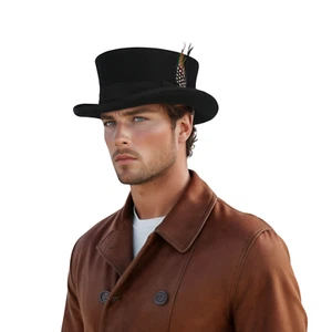 Classic Black Short Crown Wool Felt Top Hat for Men & Women, Removeable Feather - Picture 1 of 8