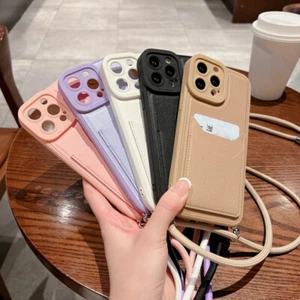 For iPhone 13 Pro Max 12 11 XS Max XR 8 7 Card Bag Long Strap Rubber Case Cover - Picture 1 of 15