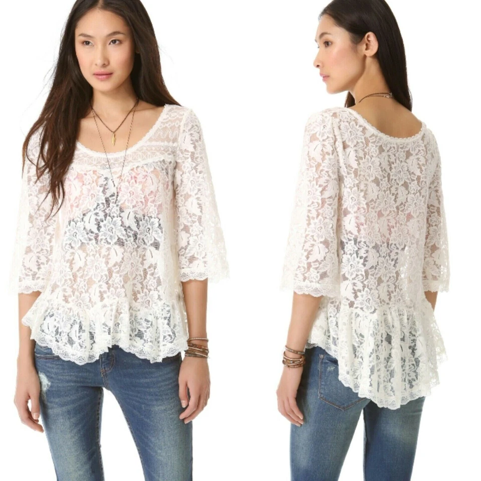 Camisa túnica Free People encaje transparente top blanca talla pequeña caprichosa boho gitana Foto 1 de 4