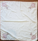 Vtg Small Table Cloth Hand Embroidered Girl w Bonnet Flowers Pink Crocheted Edge