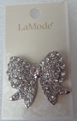 LaMode Clear Silver Tone Rhinestone Bow Accent Button NEW - Image 1 of 4