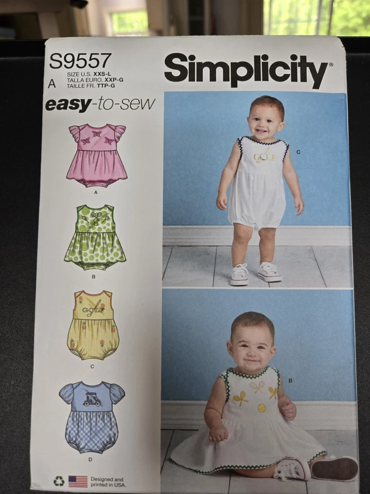 Baby Romper Sewing Pattern Simplicity 9557 XXS-XS-S-M-L Skill EASY - Image 1 of 3
