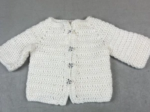 Handmade Crochet Baby Sweater 3-6 Mths White Cottage Core Delicate Yellow Jacket - Picture 1 of 6