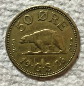 1926 GREENLAND - 50 ORE - POLAR BEAR - KING CHRISTIAN X - KM# 7 - HIGH GRADE! - Picture 1 of 3