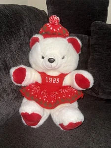 Vintage 1989 K Mart Christmas White Teddy Bear Plush Stuffed Animal Dress & Hat - Picture 1 of 5