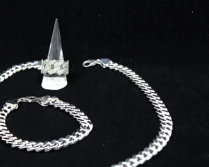 Komplettes Set Silber 925 Kubanisches Glied 18 Zoll Halskette 9 Zoll Armband Eis Ring - Bild 1 von 8