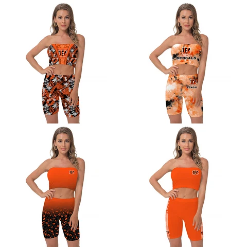 Cincinnati Bengals Women's 2 Piece Bandeau Crop Top Biker Shorts Yoga Outfit Cover