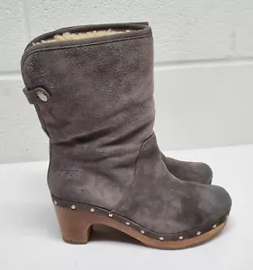 UGG 3204 Lynnea Gray Suede Sheepskin Fold Over Shearling Ankle Booties Size 6 US - Picture 1 of 12