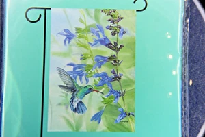 12.5" x 18" Hummingbird Feeding Salvia Purple Flower Yard Garden House Art Flag - Picture 1 of 3