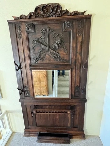 Antique Hall Tree Stand with Coat/Hat Hooks, Umbrella Drip Tray & Beveled Mirror Cover