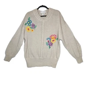 ESCADA Margaretha Ley Sweater Womens Floral Embroidery VTG 80s Linen Blend Sz 40 - Picture 1 of 14