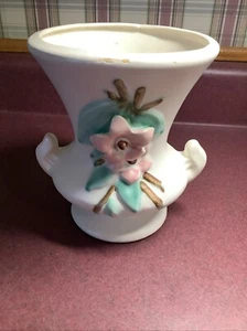 Vintage McCoy Pottery Blossom Time Vase Double Handle Ivory Matte Pink Flower - Picture 1 of 5