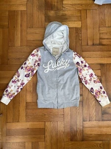 LUCKY BRAND Girls Gray Jacket Hoodie Lined Floral Size L14/16 - Picture 1 of 10