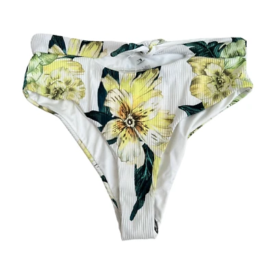 Bikini bottom high waisted Large white yellow flowers ribbed swimsuit TiniBikini - Image 1 of 3