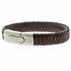 Mens Genuine Flat Leather Braided Wristband Bracelet Front Toggle Steel Clasp