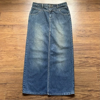 复古 Y2K 90 年代牛仔裙 7 码蓝色棕褐色褪色长仙女波西米亚垃圾谦虚 — 第 1/4 张图片