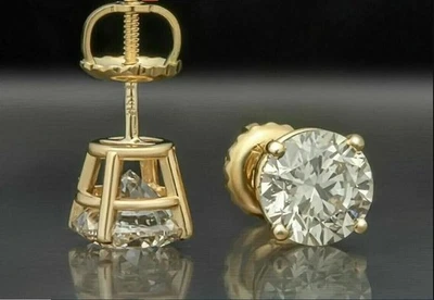 圆形切割实验室钻石女式耳钉耳环 14K 镀黄金 — 第 1/4 张图片