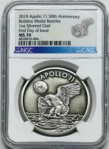 2019 APOLLO-11 50th Anniversary 1oz Silvered Clad Robbins Medal NGC MS70 FDOI - Picture 1 of 5