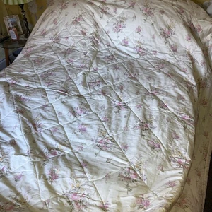 Vintage Quilted Bed Throw Cream Pink Floral Double Sided 92” X102” - Foto 1 di 7
