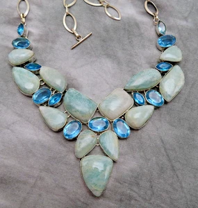 Vintage Sterling Silver Necklace Larimar Gemstone Turquoise Bib Statement 276f - Picture 1 of 11