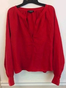 J Crew Cabana top 100% Linen Women's Size L Red Balloon Sleeve - Picture 1 of 6