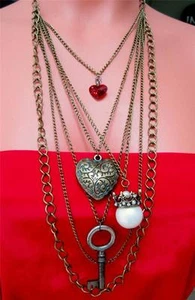 Multiple Layer CHAIN NECKLACE w/ANTIQUE SKELETON KEY, Crystal Heart, Pearl Crown - Picture 1 of 1