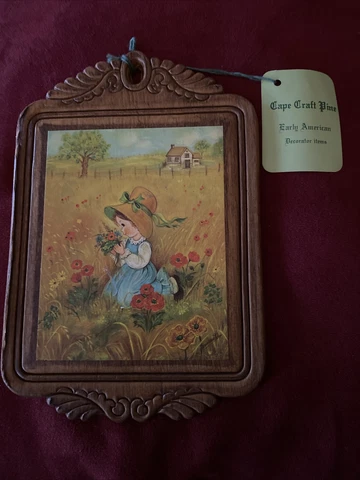 Cape Craft Pine Wood Framed Early American Little Girl In Field Hanging Cover