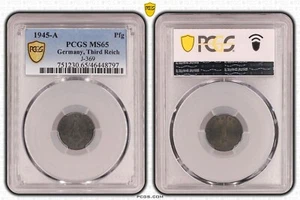 *None higher* PCGS MS65 1945-A 1 Pfennig Pfg Nazi Germany, Third Reich J.369 797 - Picture 1 of 4