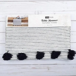 Table Runner 14x72 Textured Ticking Black White Stripe Fringe - Picture 1 of 2