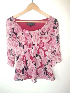 August Silk Pink & Black Floral Floaty Top Sleeve Slit 100% Silk Size 16 - Picture 1 of 7