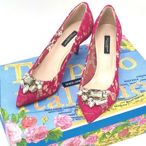 NIB $650 DOLCE & GABBANA Women's Bellucci Pink Lace Crystal Pumps EU 36 US 5.5/6 - Picture 1 of 11