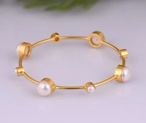 Fancy Bangles With Natural Gemstone Yellow Gold Plated Pearl Round Bracelets - Picture 1 of 7