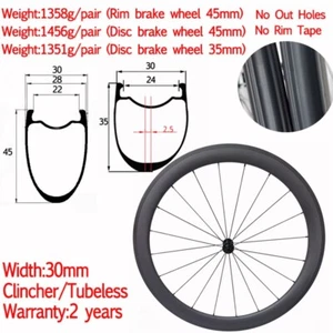 Super Light 650B Carbon Fiber Road Bike Clincher Tubeless Wheelset 30x35/45mm - Picture 1 of 9