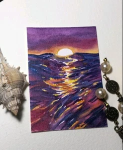 ACEO card Seascape Painting Sunset Sunrise wall decor - Picture 1 of 5