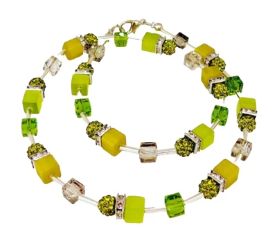 Halskette Collier Würfel Kristallglas Pavè Shamballa Strass oliv khaki grün 546a - Bild 1 von 4