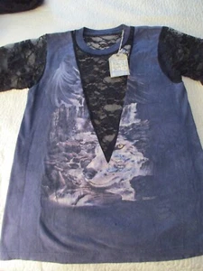 Vintage Furst Of A Kind Wolf T-Shirt Top Embellished Lace Sleeves Front & Back V - Picture 1 of 7