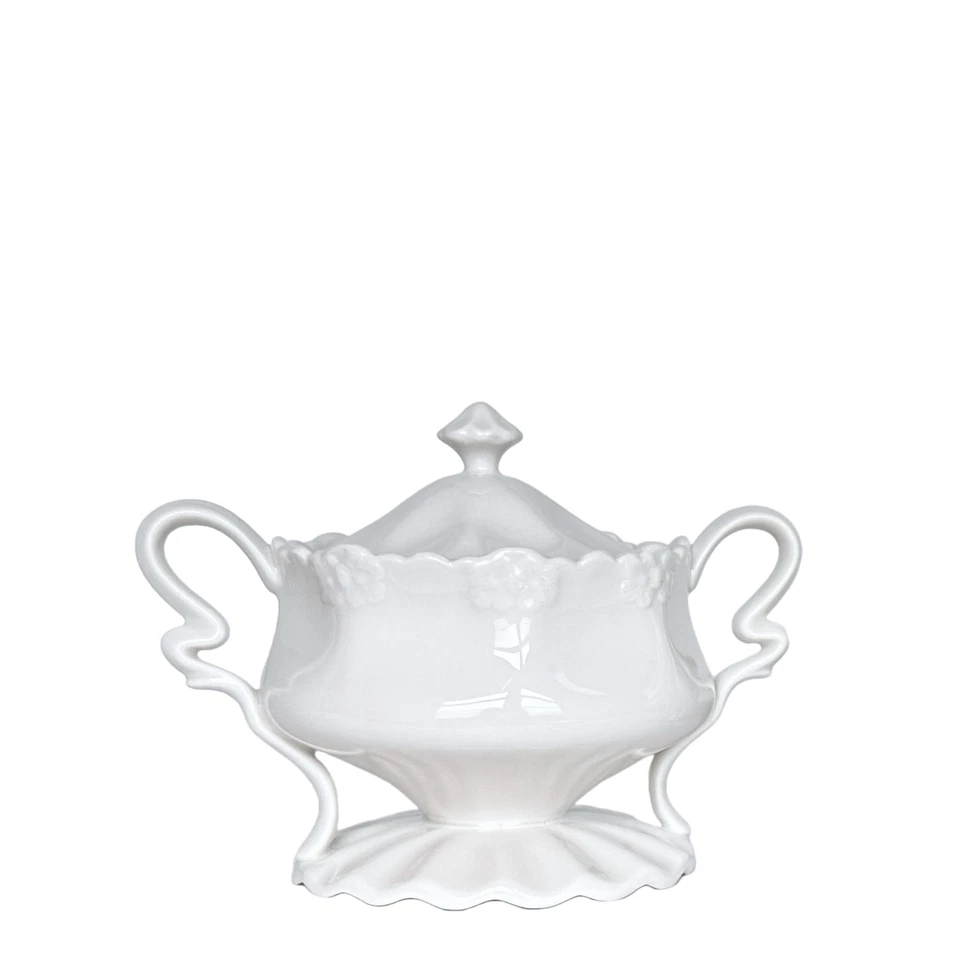 Tetera Grace's, azucarero de porcelana blanca con tapa, pedestal con volantes con borde floral Foto 1 de 1